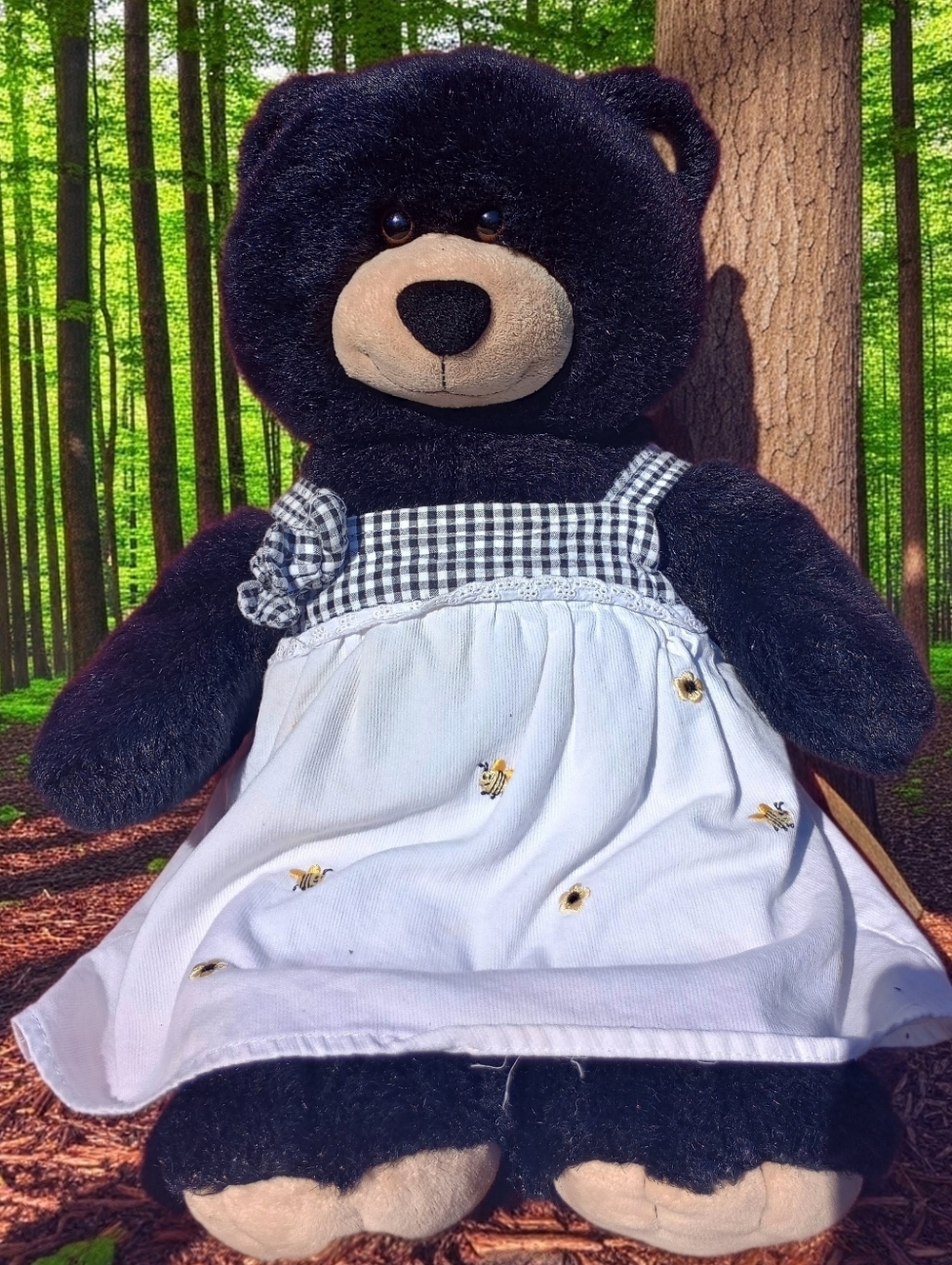 Build-A-Bear Retired Black Bear with White Gingham Strap Dress